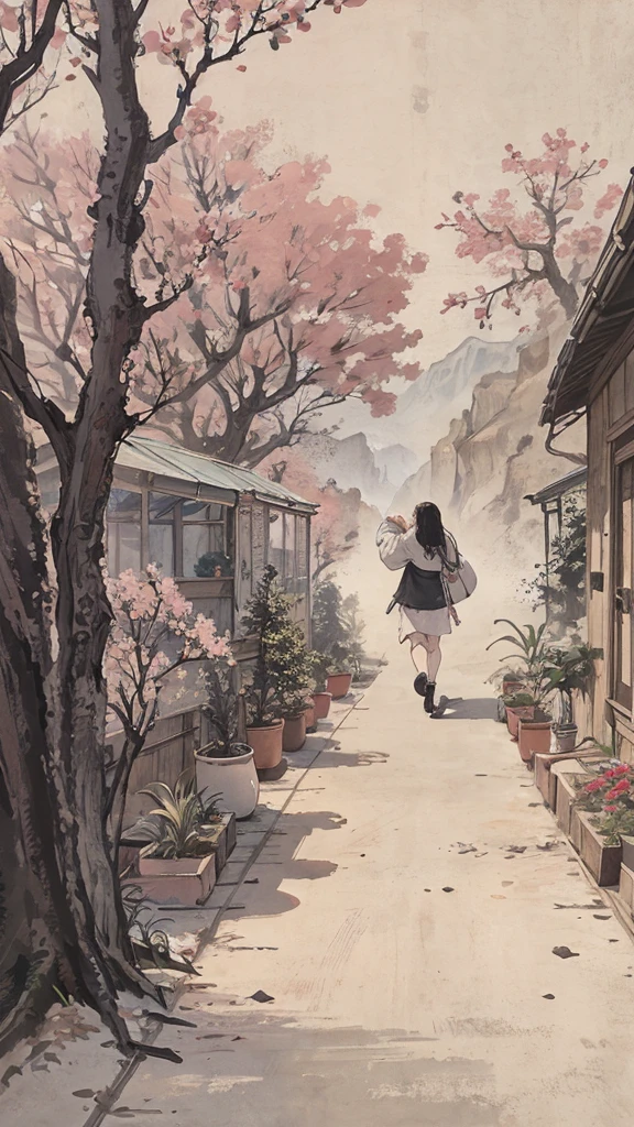 highest quality, masterpiece, very detailed, detailed background, anime, girl1名, 若いgirl, girl, SF, cherry blossoms, outdoor, morning, greenhouse, giant structure, Wind景, scenery, horizon, walking down the street, Wind, look away, atmosphere lighting, focus only, close, From the side, Depth of written boundary,black hair,cute,beautiful