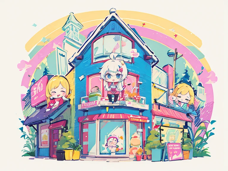 masterpiece, hand drawing, Pop illustrations, Pop colors, Pastel colors, colorful, 1 boy, boy, chibi, After school,Eat while walking, Ice Cream Tower, looks fun