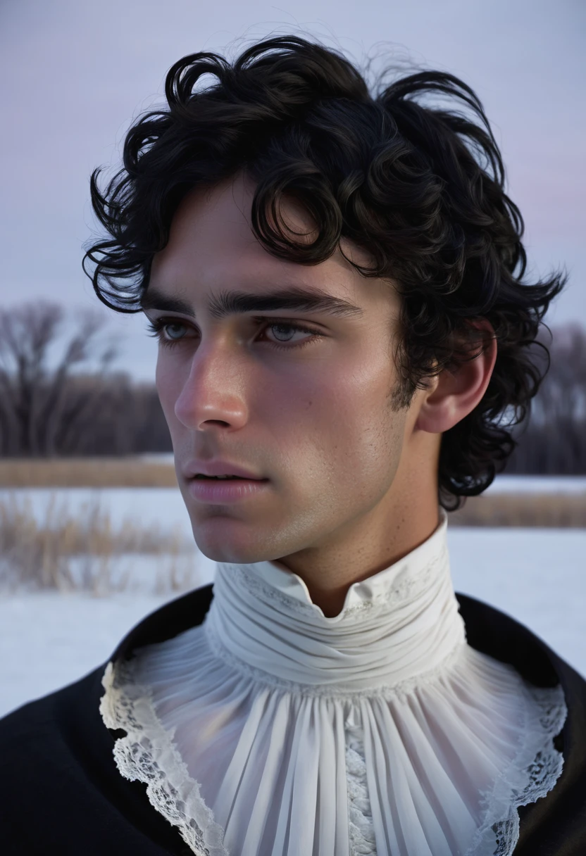 (highly detailed, soft light, photorealistic, dynamic light; cinematic); victorian era; 1820s; 24 years old man; Spanish-British mix; 1820s Anglican priest; incredibly attractive; dark and brooding; masculine yet beautiful; helpless longing stare; confused expression; moody; Adonis-like; intense; sensual; amorous air; very attractive; lean figure; stubble; hazel-green eyes; thick strong dark-brown eyebrows; long full sideburns; 1820s black Anglican priest cassock, collar and cape; short tousled dark-brown wavy hair; full luscious moist lips, parted; mouth slightly open; standing in Manitoba 1820's settlement during winter; looking at camera