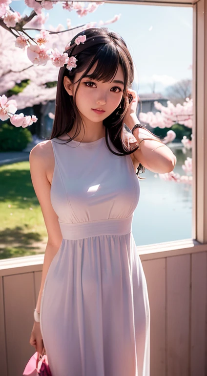 (A logo、masterpiece、8K、masutepiece、Raw photo、Fantastic、Best Quality、Photorealistic and ighly detailed CG integrated 8k wallpaper、hightquality、ighly detailed、epic poem、Particle effect、Dynamic effects、depth of fields、Cinematic Light、Lens Flare、Ray tracing)、Fantasia、 (Beauty 1 person、doress、Dress、Cherry blossom pattern、A dark-haired、Beautiful face、Real Face、beautiful details eyes beautiful skin)、my hair dances in the wind、Hair flutters in the wind、Hair jumps、Pink cherry blossom tree、Petals flutter、Sakura blizzard、Superb view、morning glow、Sun in the background、the wind、