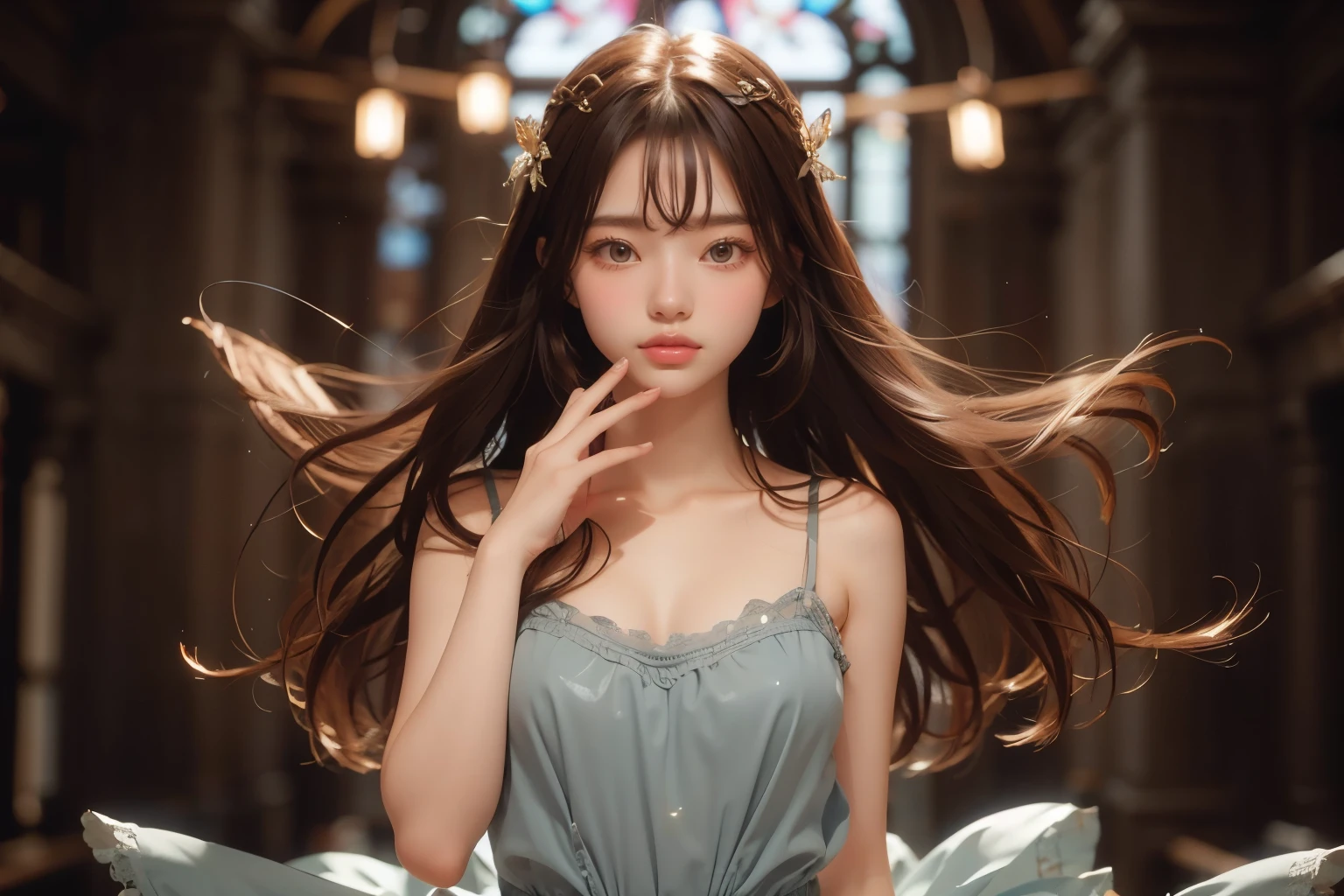 1 girl, masterpiece, very detailed, ((cinematic lighting)), (shine), ((dramatic lighting)), ((beautiful delicate shine)), intricate details, Lens flare, blonde, long hair, colorful dresses, butterfly hair ornament, butterfly, (particles of light), turn your arms behind your back, medium chest, [take up], cowboy shot, light smile, green eyes, church, Stained glass, Spotlight, dark background, floating hair, floating hair, looking at the viewer,((colorful))