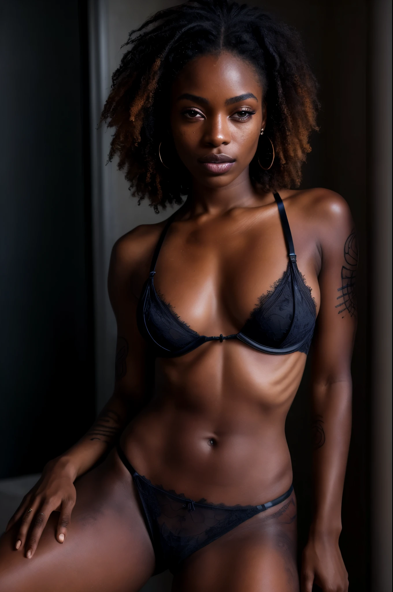 a photo of a seductive Caribbean woman with loose styled hair, bored, she is wearing a lingerie, (tattoos:1.1), mascara, (textured skin, skin pores:1.2), (moles:0.8), (imperfect skin:1.1), intricate details, goosebumps, flawless face, (light freckles:0.9), ((photorealistic):1.1), (raw, 8k:1.2), dark, muted colors, slate atmosphere