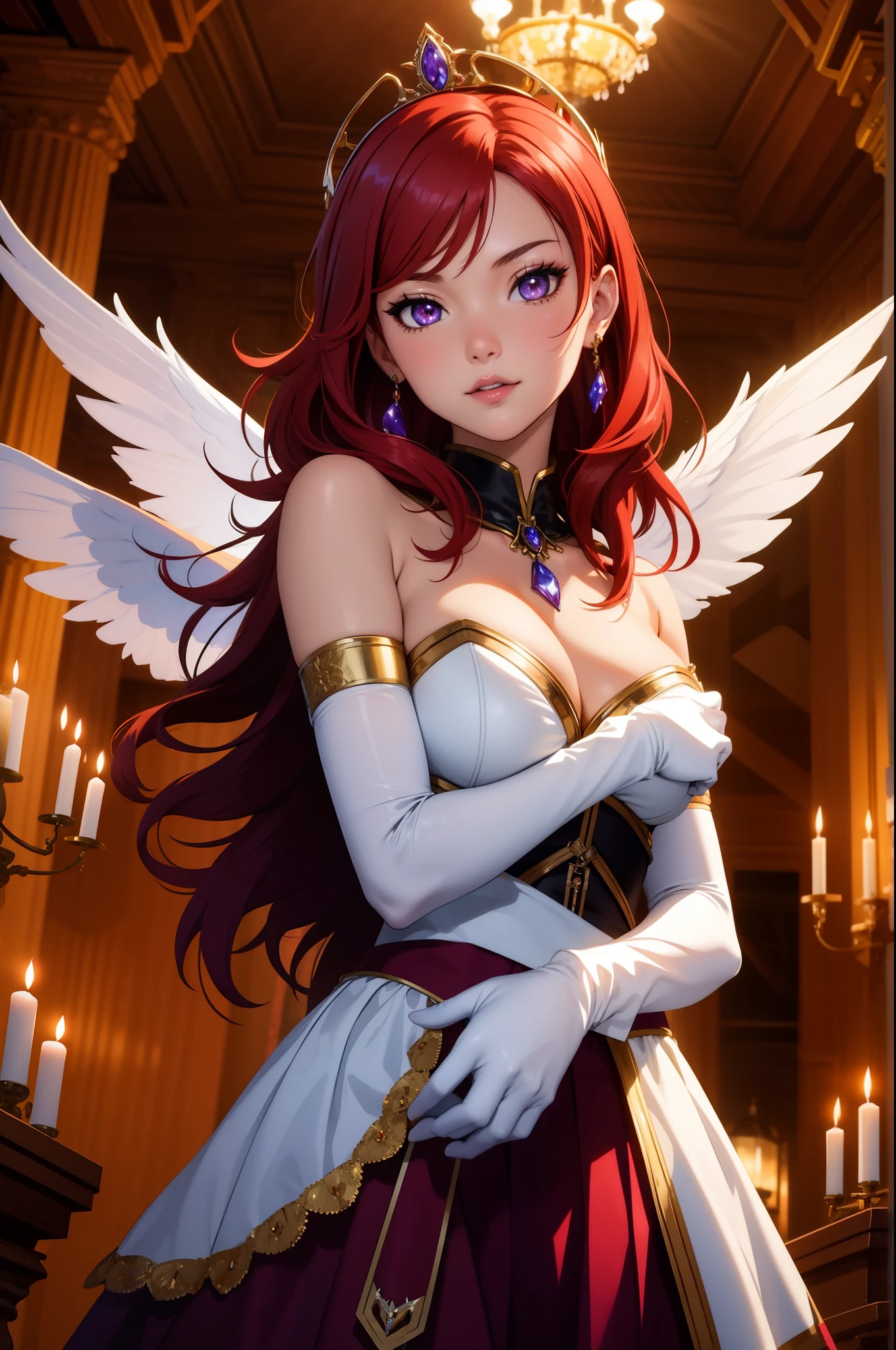 (Masterpiece, Best Quality, High Quality), upper body, facing viewer,volumetric lighting, illustration, beautiful, perfect lighting, perfect shadows,Nishikino maki , cowboy shot, breasts, gloves, holding, bare shoulders, jewelry, earrings, wings, alternate costume, elbow gloves, white gloves, armor, tiara, staff, holding staff, solo, (standing:0.8), purple eyes ,red hair ,in mountains, candle light