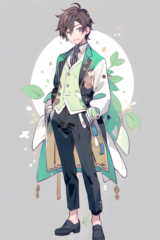 1 boy, virtual youtuber, male focus, One, green jacket, jacket, коричневая shoes, tie, brown vest, green eyes, trousers, whole body, Brown hair, yellow tie, shirt, White background, hair over one eye, vest, smile, I look at the viewer, shoes, sleeves rolled up, a mole, collared shirt, standing, simple background, black trousers, white shirt, closed mouth, bang, striped, one eye is closed, brown trousers