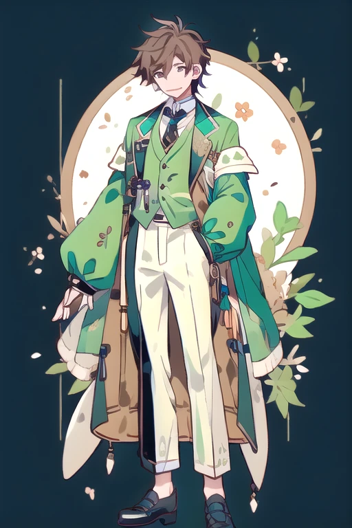 1 boy, virtual youtuber, male focus, One, green jacket, jacket, коричневая shoes, tie, brown vest, green eyes, trousers, whole body, Brown hair, yellow tie, shirt, White background, hair over one eye, vest, smile, I look at the viewer, shoes, sleeves rolled up, a mole, collared shirt, standing, simple background, black trousers, white shirt, closed mouth, bang, striped, one eye is closed, brown trousers