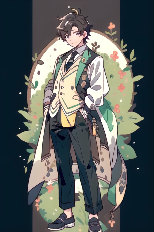 1 boy, virtual youtuber, male focus, One, green jacket, jacket, коричневая shoes, tie, brown vest, green eyes, trousers, whole body, Brown hair, yellow tie, shirt, White background, hair over one eye, vest, smile, I look at the viewer, shoes, sleeves rolled up, a mole, collared shirt, standing, simple background, black trousers, white shirt, closed mouth, bang, striped, one eye is closed, brown trousers