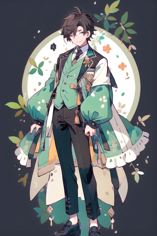 1 boy, virtual youtuber, male focus, One, green jacket, jacket, коричневая shoes, tie, brown vest, green eyes, trousers, whole body, Brown hair, yellow tie, shirt, White background, hair over one eye, vest, smile, I look at the viewer, shoes, sleeves rolled up, a mole, collared shirt, standing, simple background, black trousers, white shirt, closed mouth, bang, striped, one eye is closed, brown trousers