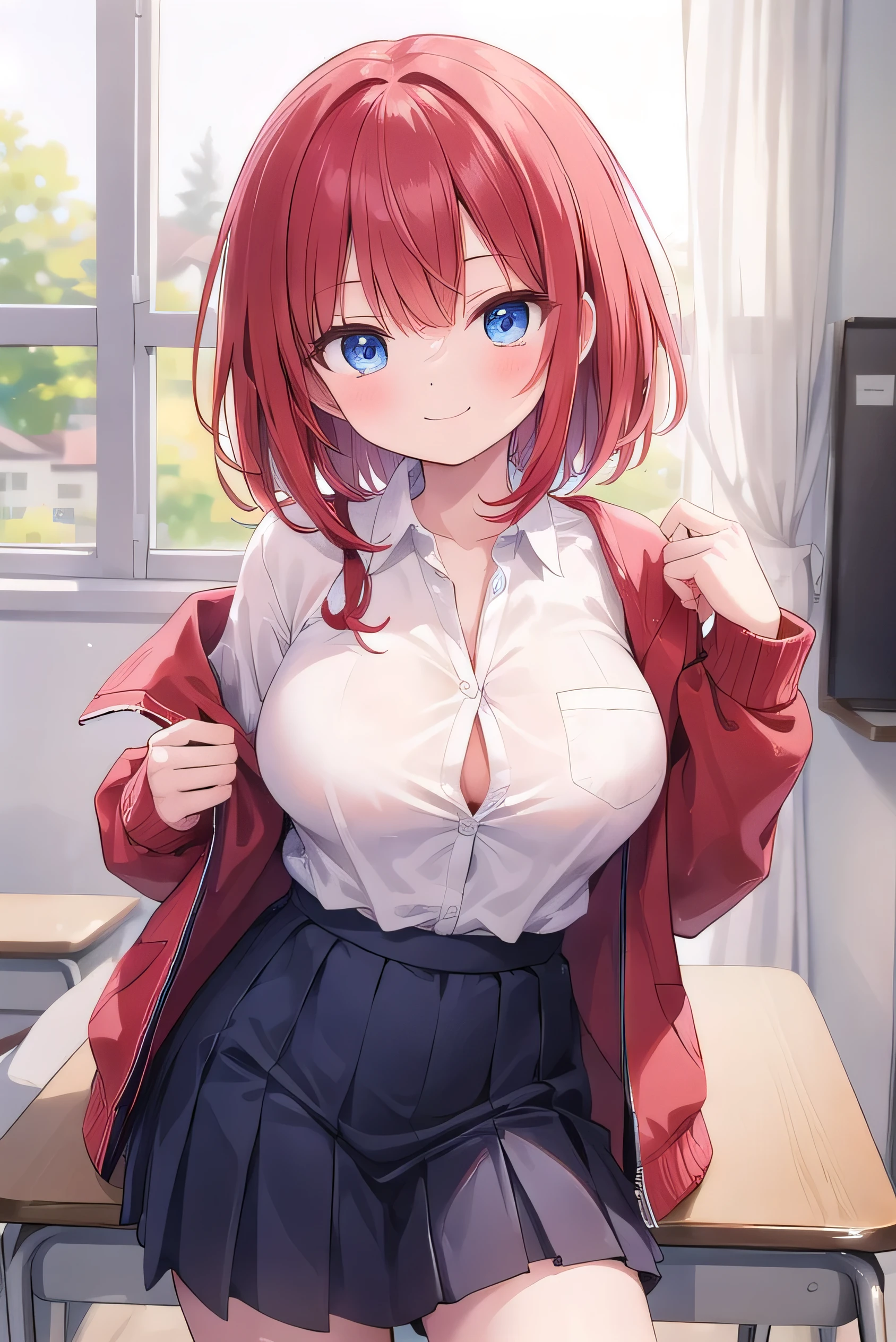 1 Female,High definition,high resolution,Ultra-realistic,8K, 1girl, solo, red hair, red eyes, twintails, employee uniform, pencil skirt, skull print, navy cap, fang, black legwear, white gloves,European,sexy,Upper body close-up,Photographed from the front,Dynamic Angles,blush, big tits , happy, wink the eye,facial, sweat,(wide thighs:1.4),(pink pussy),(show pussy),(spread legs),(cameltoe),((nipples))