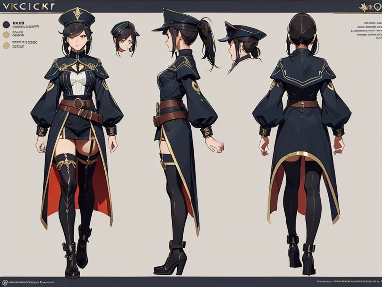 Close-up of a beautiful woman in a civilian suit, ((Character concept art)), ((creative costume design)), tall figure, ((character design sheet, same character, front, Side, back)), original character art, civil character, civilian clothing design , civilian girl, girl in a creative hat, black hair color, ponytail hairstyle hairstyle, complex parts, Red glowing decoration on a girl&#39;s clothes, expert high detail concept art, civic concept art, Fun character design, gravity rush inspiration, Viscous resin. conceptual art, multifunctional waist buckle, belt buckle at the waist, etiquette, gentle smile, gentle, soft