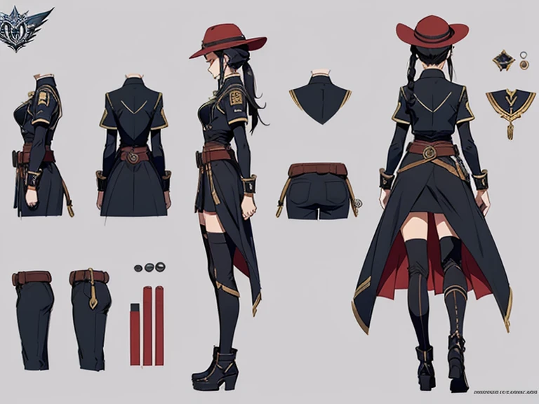 Close-up of a beautiful woman in a civilian suit, ((Character concept art)), ((creative costume design)), tall figure, ((character design sheet, same character, front, Side, back)), original character art, civil character, civilian clothing design , civilian girl, girl in a creative hat, black hair color, ponytail hairstyle hairstyle, complex parts, Red glowing decoration on a girl&#39;s clothes, expert high detail concept art, civic concept art, Fun character design, gravity rush inspiration, Viscous resin. conceptual art, multifunctional waist buckle, belt buckle at the waist, etiquette, gentle smile, gentle, soft