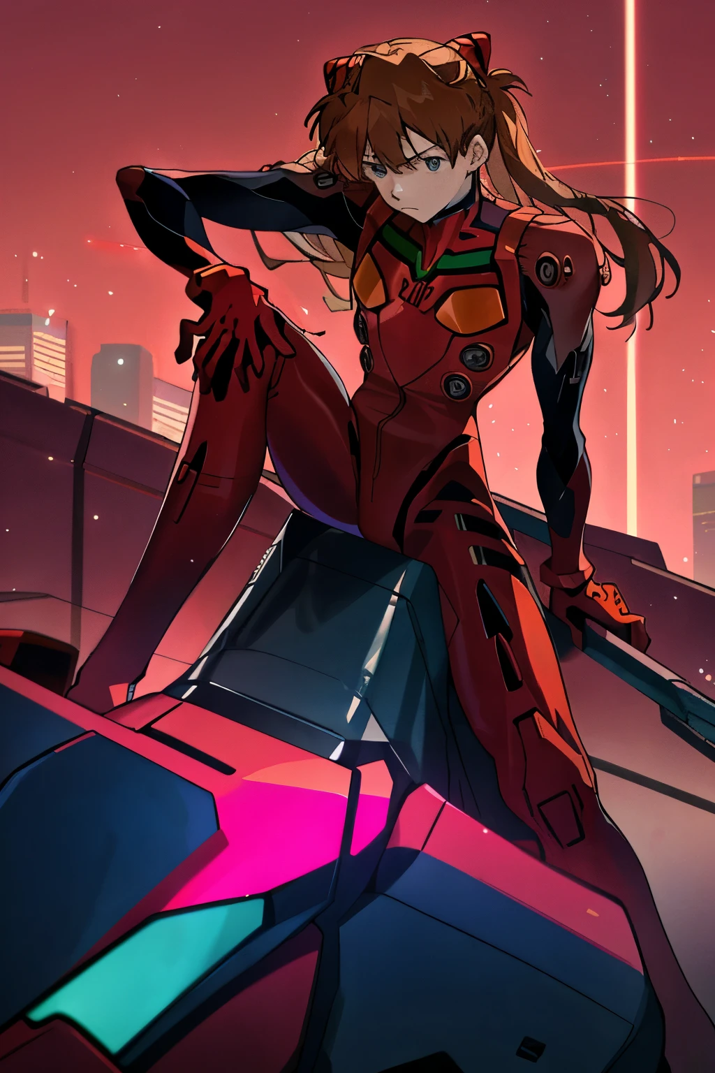 Anime scene: Evangelion Unit-01 and its pilot, Shinji Hikari.
Evangelion Unit-01, a colossal mecha, stands tall against a backdrop of a dimly lit cityscape. Its imposing form is bathed in the soft glow of neon lights, reflecting off its polished metallic surface. In the cockpit, seated with his back against the control panel, is seventeen-year-old Shinji Hikari, the reluctant and conflicted pilot.
Shinji's hair is messy and disheveled, framing his serious, youthful face. His piercing blue eyes are focused, int