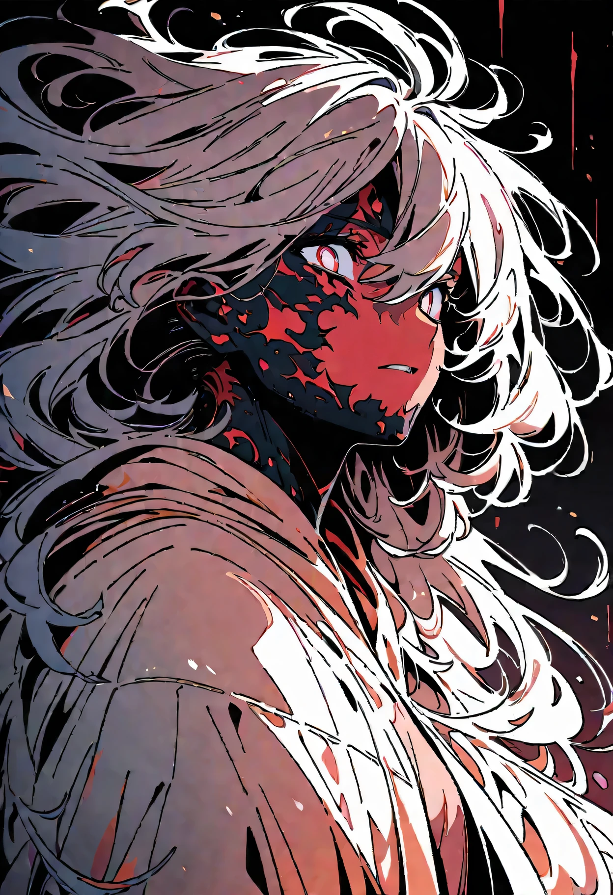 face of a samurai with dark and mysterious background, 1 men, macabre traits, scary expression, dramatic lighting, intricate details, dark texture, intense cold colors, long hair, beautiful face, アニメ, detailedeyes.