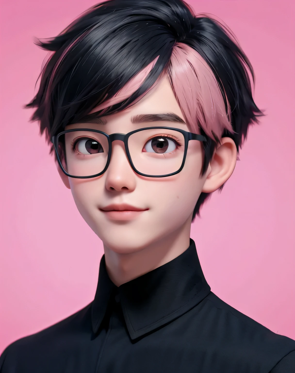 best quality, 1boy, solo, cartoon portrait , simple background, short hair, pink lips, black hair, black shirt, black glasses