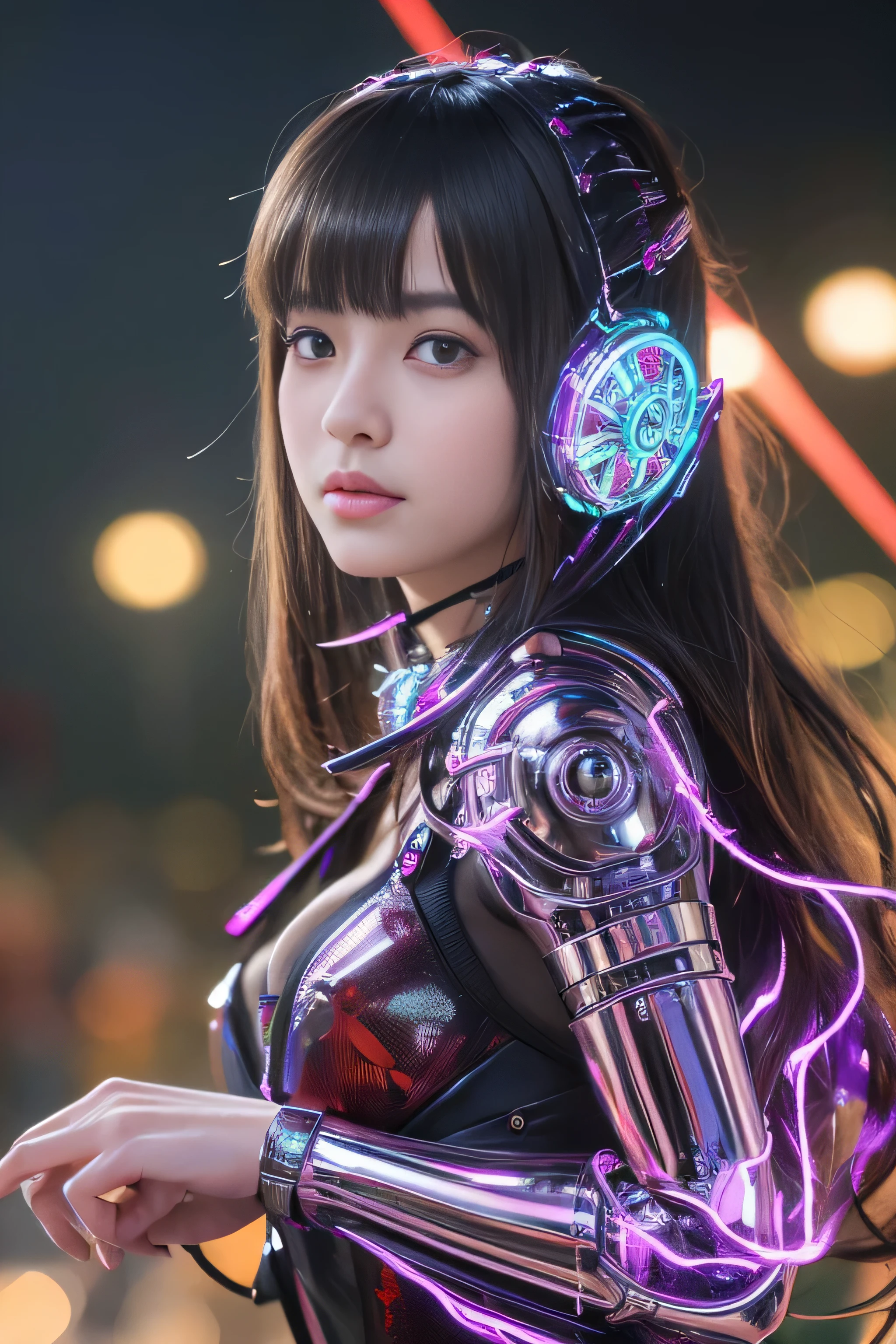 highest quality, masterpiece, ultra high resolution, (realistic: 1.4), Raw photo, 1 girl, black hair, Glossy skin, 1 Mechanical Girl, (Super realistic details)), portrait, global illumination, Shadow, octane rendering, 8K, super sharp, big, Cleavage exposed raw skin, Metal, intricate decorative details, Japan details, very intricate details, realistic light, CG Society Trend, purple eyes, shining eyes, towards the camera, neon details, mechanical limbs, blood vessels connected to tubes, mechanical vertebrae attached to the back, Mechanical cervical attachment to the neck, sitting, Wires and cables connecting to the head, gundam, small led lamp,