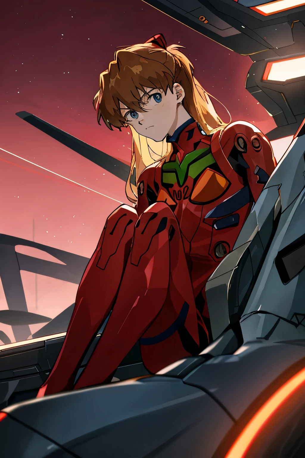 Anime scene: Evangelion Unit-01 and its pilot, Shinji Hikari.
Evangelion Unit-01, a colossal mecha, stands tall against a backdrop of a dimly lit cityscape. Its imposing form is bathed in the soft glow of neon lights, reflecting off its polished metallic surface. In the cockpit, seated with his back against the control panel, is -year-old ji Hii, the reluctant and conflicted pilot.
Shinji's hair is messy and disheveled, framing his serious, youthful face. His piercing blue eyes are focused, int
