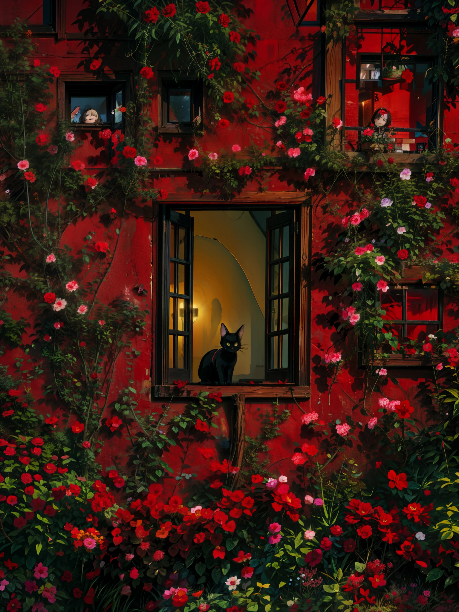 a cat sitting in a window surrounded by red flowers, red wallpaper background, red wallpaper design, photo of a beautiful window, red wall, black and red background, roses background, the window, deep red background, open window ib background, open window at night, in a red dream world, by Igor Zenin, window with flower box, cozy wallpaper, 4k hd,, beautiful art uhd 4 k, a beautiful artwork illustration, beautiful digital painting, highly detailed digital painting, beautiful digital artwork, detailed painting 4 k, very detailed digital painting, rich picturesque colors, gorgeous digital painting