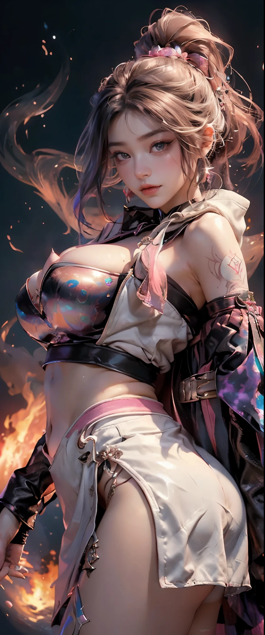 masterpiece、detailed、16K、shiny skin、1girl、( and beautiful magically enchanted girl)、(Holding a magic wand:1.3)、sing arching her back in a sexy sedve slutty pose huge colossal enormously gigantic big breasts、(cleaverboob showinss、(accentuated super huge enormousligantic breasts focus)、cute、very long multicolor 、ponytail、moonlight eyes、(Very detailed eyes and face)、Accurately drawn face、(intricately detailed hooded leather corset battle armor with lots of straps buckles and zippericro thong lace panties 、super mini skirt、(facing the viewer, lat the viewer)、white leather knee high boots、vivid contrasting colors、intricately designed details、(best ratio 1 thumb、Refers to 4 books:1.3)、(heart shaped pink effect)、(dynamic sexy seductive pose, tattoo sleeves and piercings)、(GhSmile)、(magic that manipulates fire wind and water:1.5)、(Point to you, aesthetic, psychedelic, cosmic, atmospheric background:1.3)、