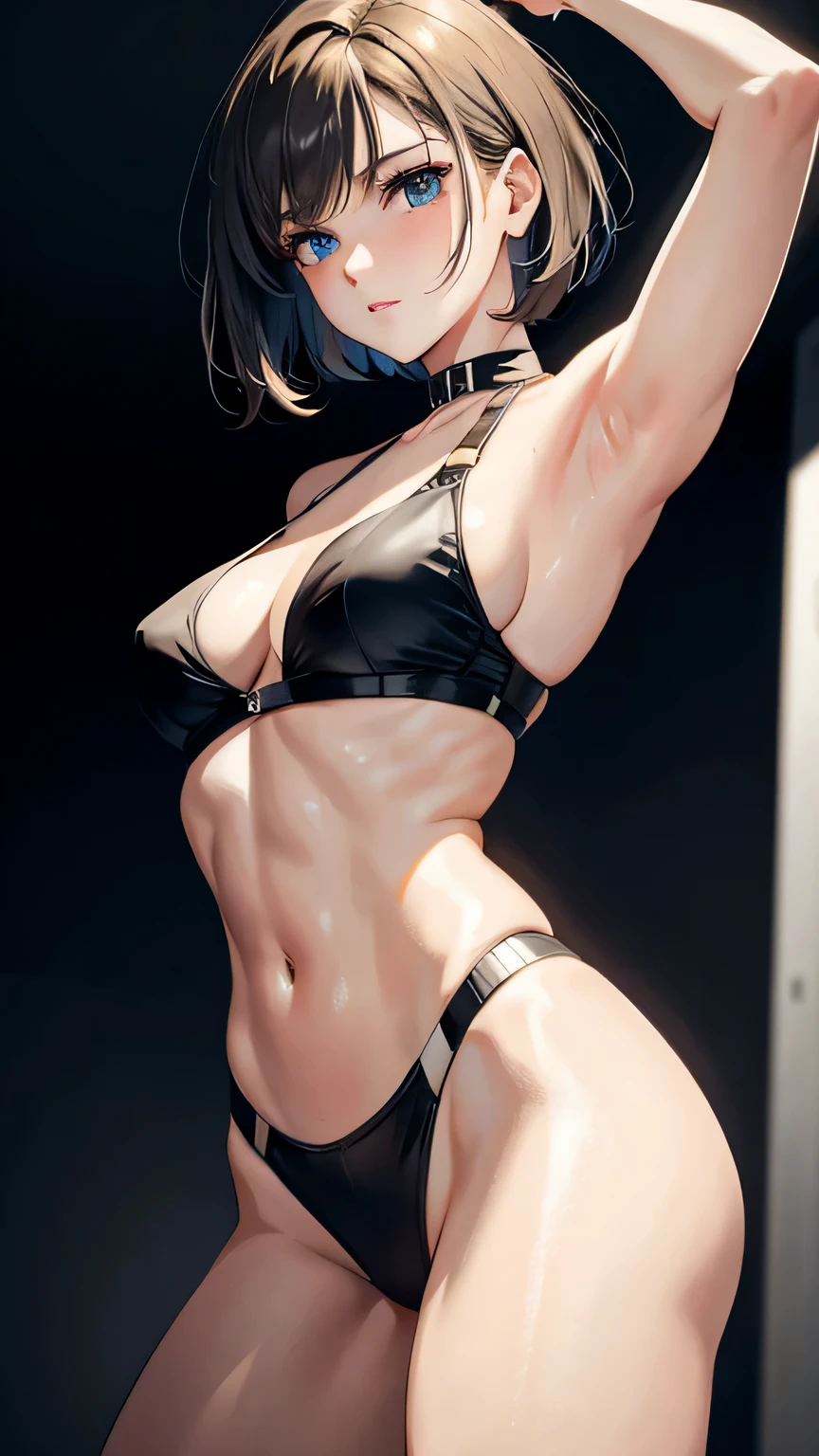 Beautiful cybernetic girl looking at camera with realistic masterpiece of detailed muscles in underwear,slender body,nipple,active pose, action pose, Loose Ruth |, Gold Parts, fringe, short haired, Rear view, coastal