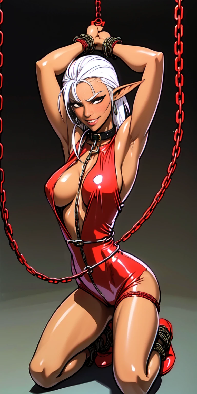 girl wearing a bondage latex outfit, bondage, hands behind head showing armpits, lustful smirking smile red blush red cheeks, chain leash, kneeling, shackles, leather black collar slave, dark elf pirotess black skin white hair, neon city background