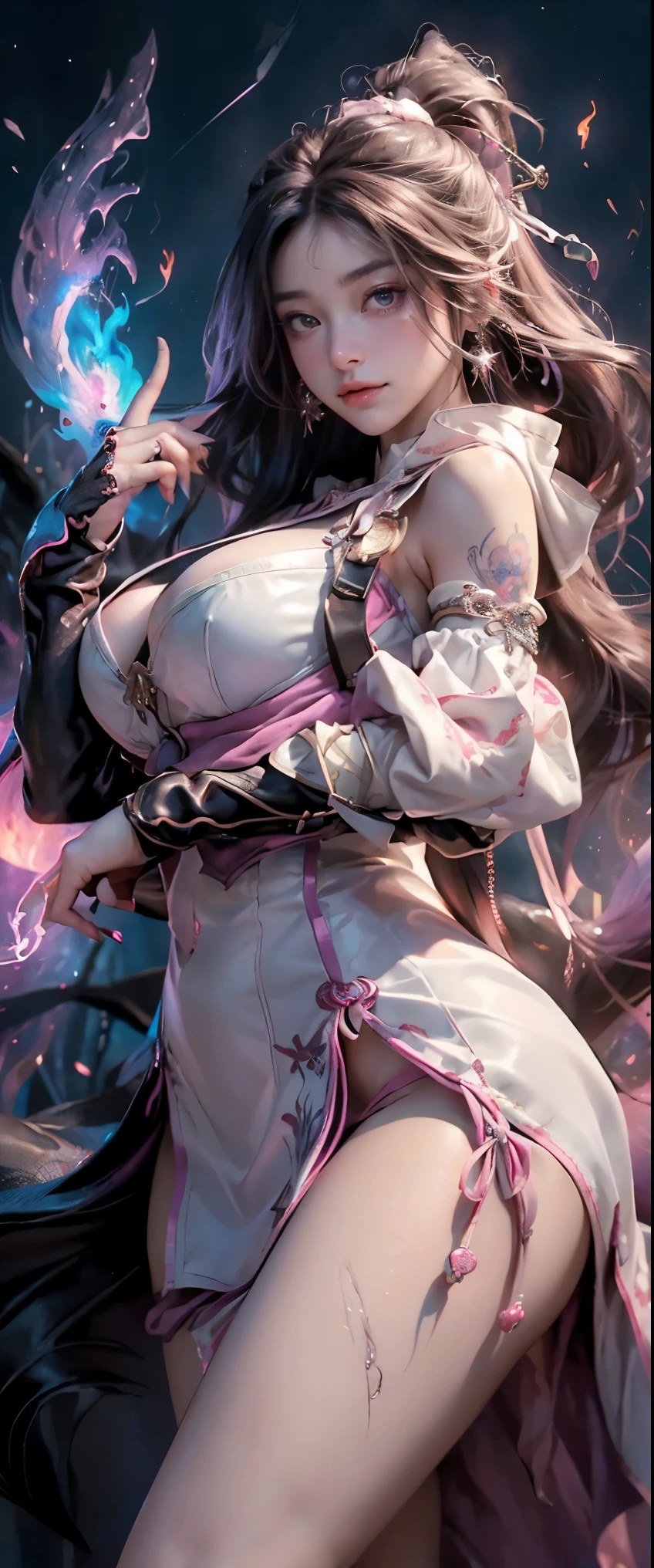 masterpiece、detailed、16K、shiny skin、1girl、(sexy and beautiful magically enchanted girl)、(Holding a magic wand:1.3)、standing arching her back in a sexy seductive slutty pose 、super huge colossal enormously gigantic big breasts、(cleavage and underboob showing)、big ass、(accentuated super huge enormously gigantic breasts focus)、cute、very long multicolored hair 、ponytail、moonlight eyes、(Very detailed eyes and face)、Accurately drawn face、(intricately detailed hooded leather corset battle armor with lots of straps buckles and zippericro thong lace panties 、super mini skirt、(facing the viewer, looking at the viewer)、white leather knee high boots、vivid contrasting colors、intricately designed details、(best ratio 1 thumb、Refers to 4 books:1.3)、(heart shaped pink effect)、(dynamic sexy seductive pose, tattoo sleeves and piercings)、(Ghost Smile)、(magic that manipulates fire wind and water:1.5)、(Point to you, aesthetic, psychedelic, cosmic, atmospheric background:1.3)、
