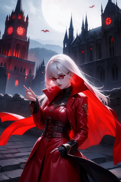At nightfall，A vampire stands in front of an ancient castle，Moonlight shines on its body，Make it look more mysterious and scary。Red glasses，Fangs，Red coat，the bats