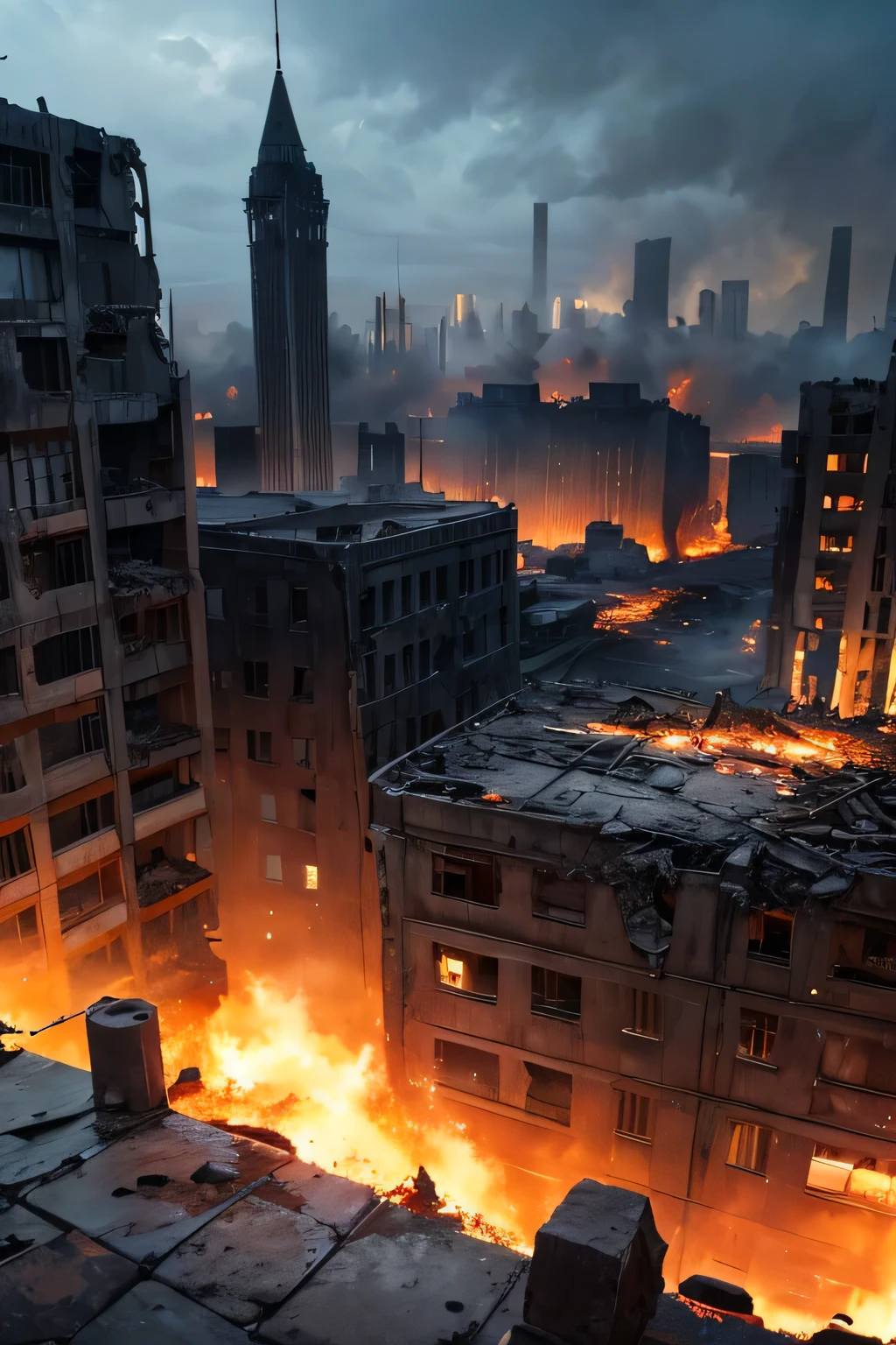 (best quality,4k,8k,highres,masterpiece:1.2),ultra-detailed,(realistic,photorealistic,photo-realistic:1.37),apocalypse scenario,destroyed cities, burning meteor shower, falling meteors, explosion, smoke, fire, destruction, desolate landscapes, ruins, crumbling buildings, collapsed bridges, abandoned vehicles, survivors seeking shelter, intense chaos, debris flying in the air, shattered glass, billowing black smoke, glowing embers, demolished skyscrapers, crumbling infrastructure, apocalyptic sky, dark and ominous, ruined landmarks, remnants of civilization, haunting aftermath, intense destruction, massive impact, devastated environment, surreal atmosphere, chaotic scenes, disarrayed cityscape, catastrophic event, epic devastation, aftermath of cataclysm, post-apocalyptic world, wasteland, smoldering rubble, ruins of civilization, eerie silence, dramatic landscapes, cinematic destruction, apocalyptic horror, unsettling visuals, dusk or twilight lighting.