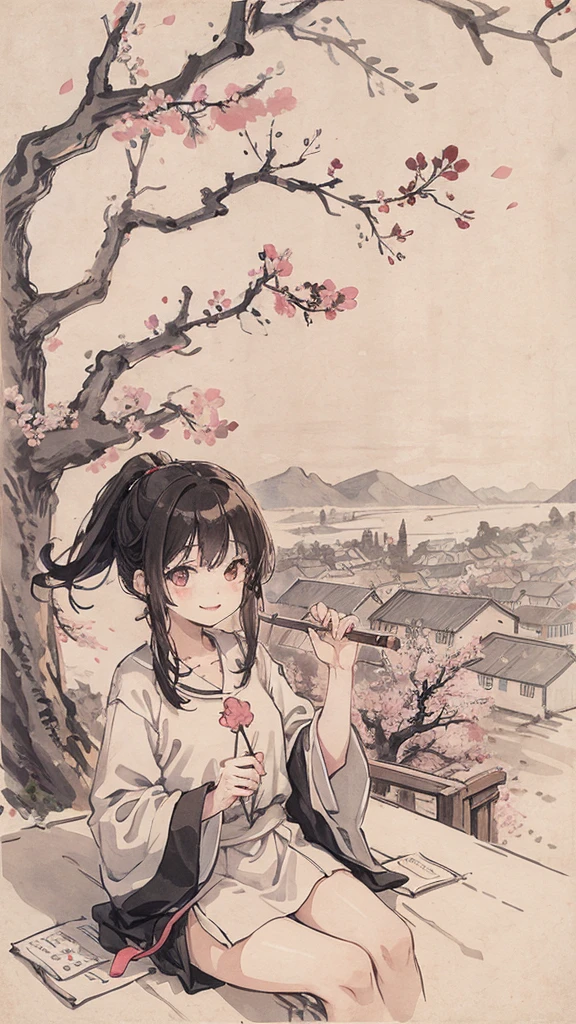 （1:1）Kitten next to a girl、field、sit on the roof、Huge structures,the sky is clear、The wind is blowing,Cherry blossom trees,black hair,smile,overlooking the city