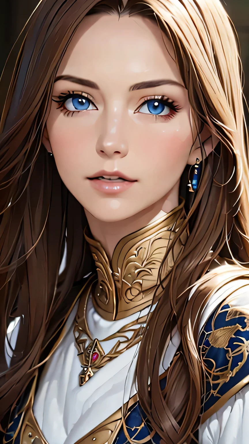 (highest quality,4k,8K,High resolution,masterpiece:1.2),Super detailed,realistic:1.37,portrait,brown hair,blue eyes,white skin,medieval clothing,detailed facial features,beautiful lips,gorgeous eyes,A wonderful expression,retro style,soft lighting,Bright colors,blonde,