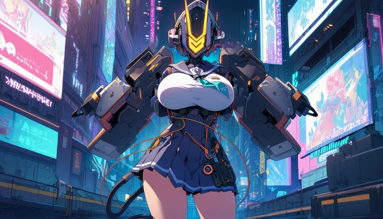 Monitor head robot girl
high school sailor uniform
big breasts
Wire plug tail
sci-fi city
full-body shot
