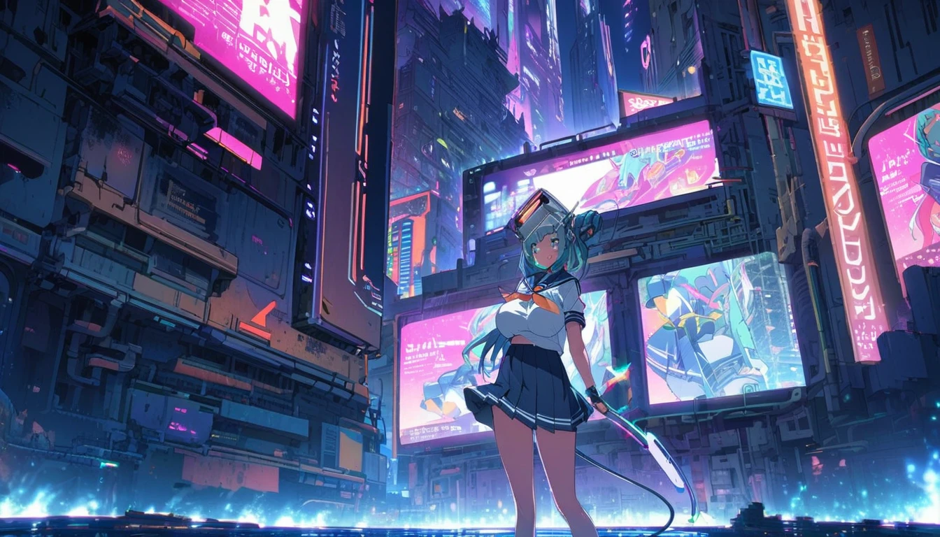 TV screen head robot girl high school sailor uniform big breasts Wire plug tail sci-fi city full-body shot