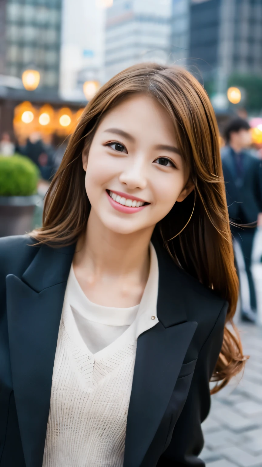 best quality, ultra-high resolution, real, photorealistic, 8K, BREAK, a super-fashion model, Japanese, (full body:1.4), BREAK, highly detailed hair, glossy light brown hair, detailed face, highly detailed eyes, brown eyes, detailed skin, (white skin), detailed lips, (smile, drunk), BREAK, detailed clothings, (black suit:1.3), sexy posing, BREAK, detailed background, (in front of Tokyo station:1.3), natural lighting