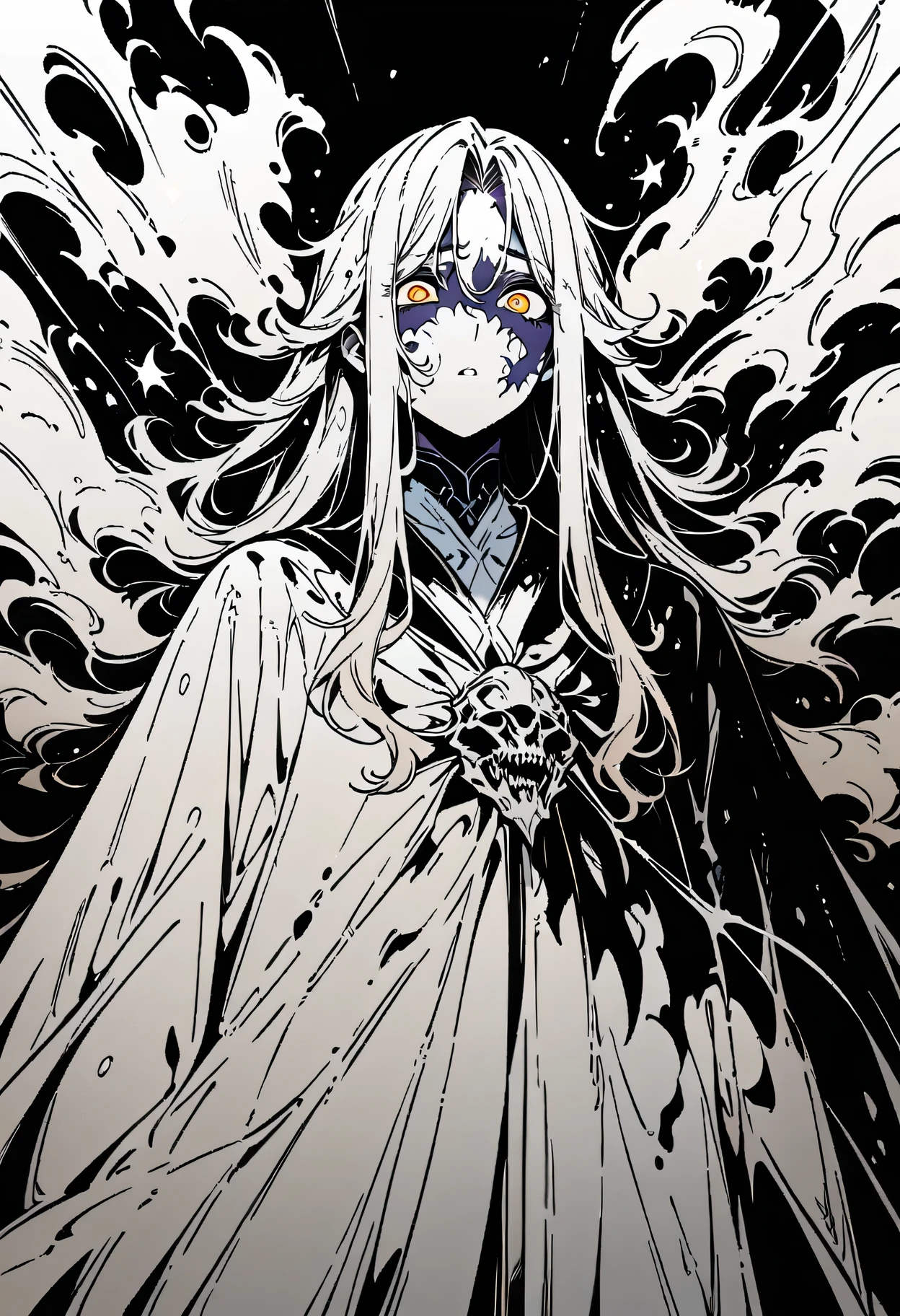 (best quality,highres,masterpiece:1.2),ultra-detailed,Anime line art:1.1,black and white,line art,manga style,death god,beautiful detailed face,expressive eyes,sharp contrast,flowing robe,mysterious atmosphere,dark background