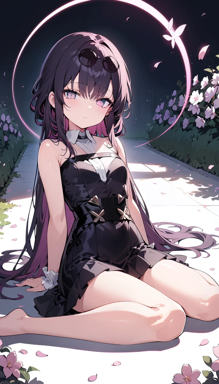 (:1.5),lace,ribbon,(masterpiece, side light, Delicate and beautiful gray eyes: 1.2), Medium chest, actual, glowing eyes,shiny hair,black hair,long hair, shiny skin, alone, Awkward,Strapless,Beautifully,beautify,garden,flowers,flying petals, bare legs, Cherry blossoms, film light, Film composition, Rich expressions,Kafka