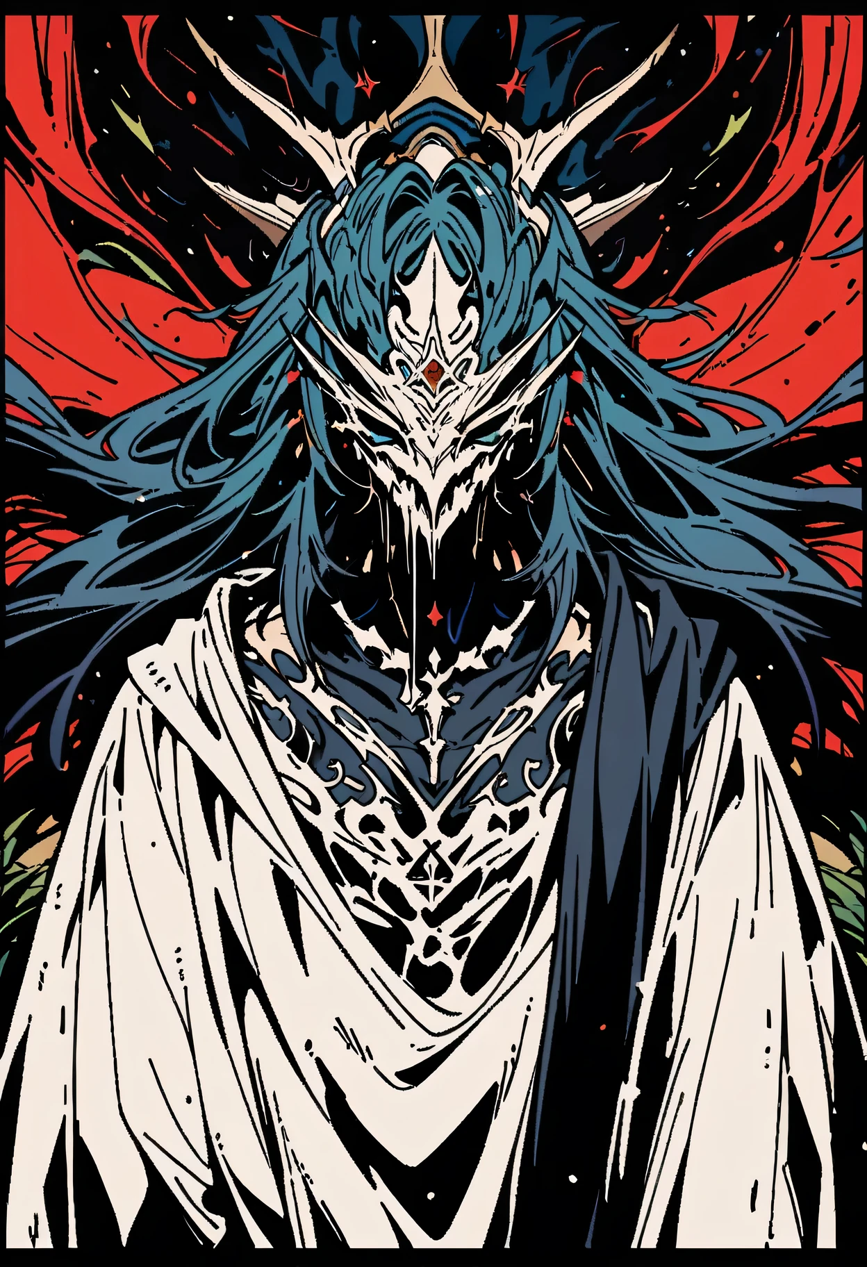 mature woman, hollowfication, medium dragon horns, medium white hair with green spots, sapphire blue eyes, black eye background, hole near the center of the chest. complete body , serious face, pose exponents. desert with white sand, the night in the background.