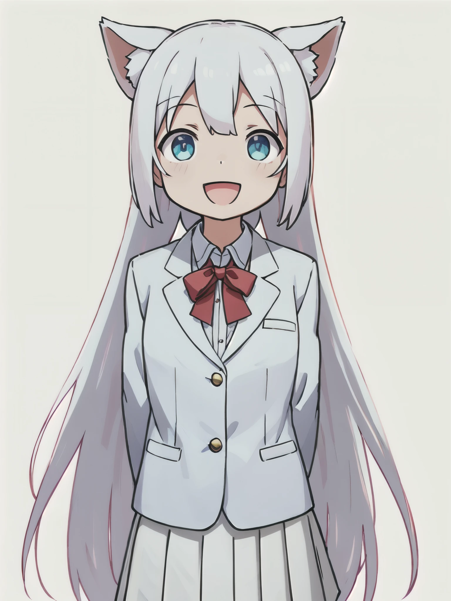 white background、Solid white background、blank background、arms behind back、hide your hands、beautiful detailed eyes、red eyes、White hair x red eyes、White hair, red eyes、redhead inside、「tsurime」(high quality, Breathtaking),(delicate eyes, perfect face)solo,Era: late 20s, Open your mouth without showing your teeth、Smile with mouth wide open、open your mouth wide、white hair,long hair, white hair, white long sleeve blazer clothes,white pleated skirt、