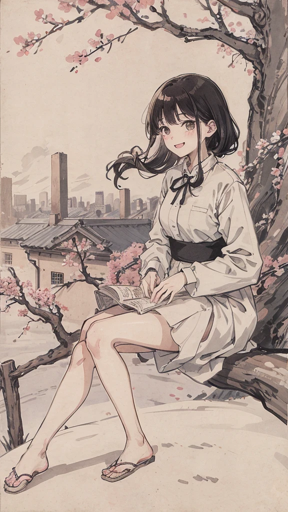 (1:1)Kitten next to a girl、field、sit on the roof、Huge structures,the sky is clear、The wind is blowing,Cherry blossom trees,black hair,smile,overlooking the city