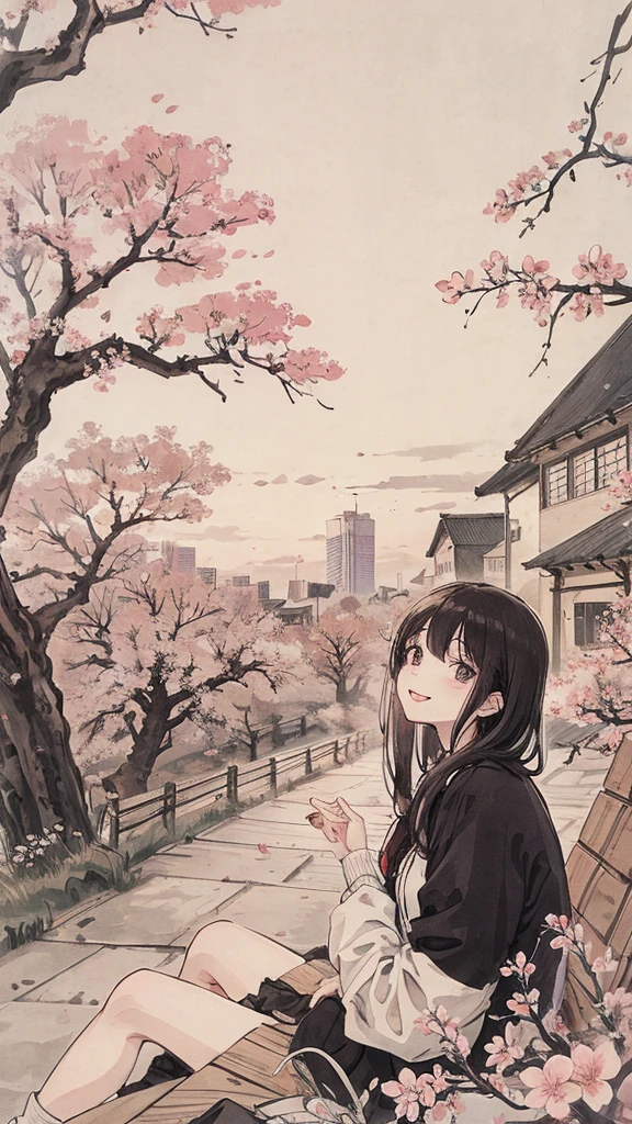 (1:1)Kitten next to a girl、field、sit on the roof、Huge structures,the sky is clear、The wind is blowing,Cherry blossom trees,black hair,smile,overlooking the city