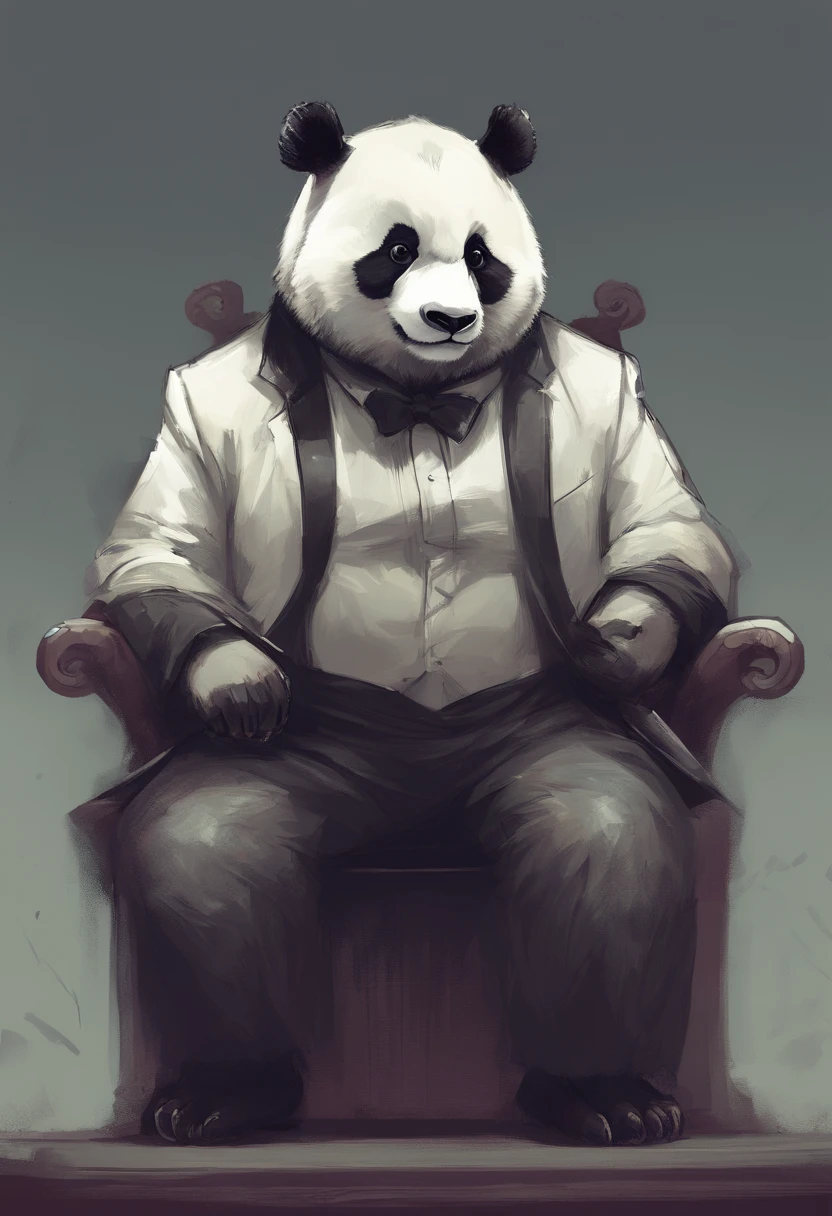 anthropomorphic panda, de cuerpo entero, vestido formalmente con un blazer, sostiene una bandeja, pegatina de panda, sticker de panda.
