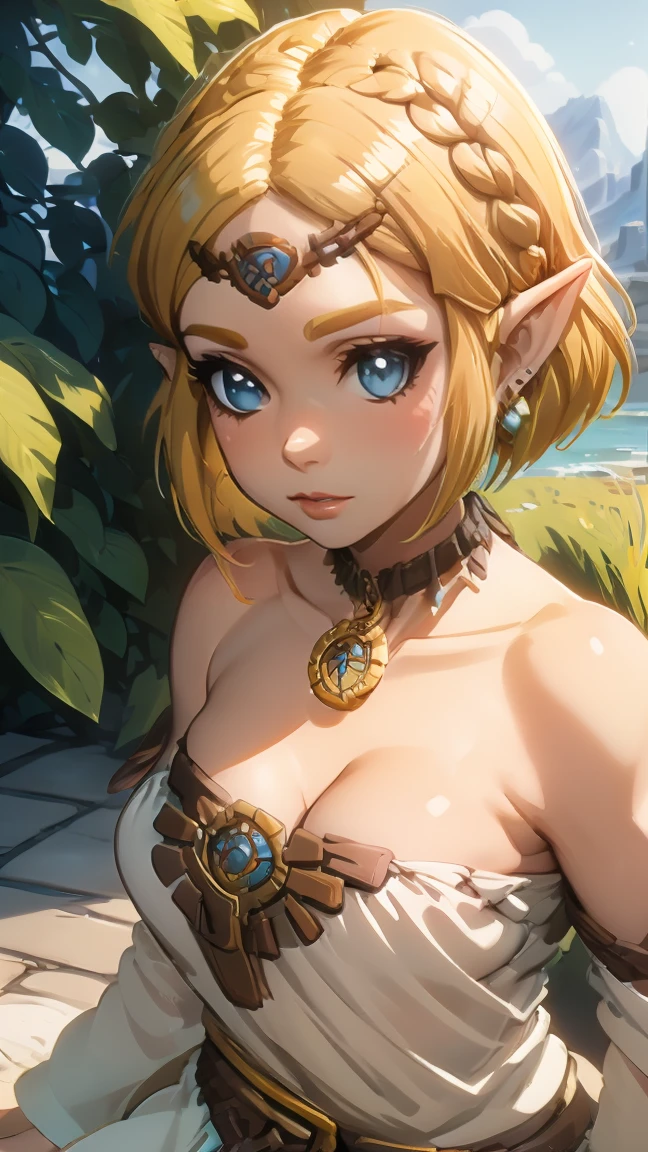 ((masterpiece)), ((best quality)), (detailed), perfect, solo, zelda, gorgeous woman with bikini, luscious lips, long hair, huge breast, deep cleavage, huge breasts, sexy, lying down