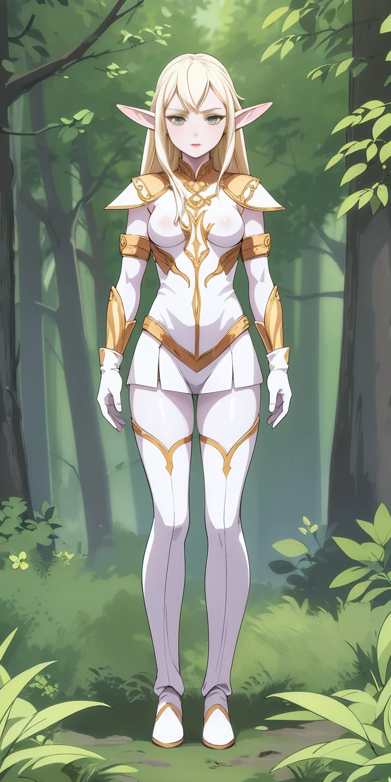 (masterpiece, best quality), (full body:1.6), standing (small fighting elven 1girl:1.6),(magical),(cute,adorable:1.3),blonde hair, green eyes, medium breast, beautiful, detailed, enchanted breastplate with precious gemstones, white thigh-high greaves, seductive pose, in a forest, magic flora, detailed face and eyes, volumetric light,(ultra quality skin:1.7)