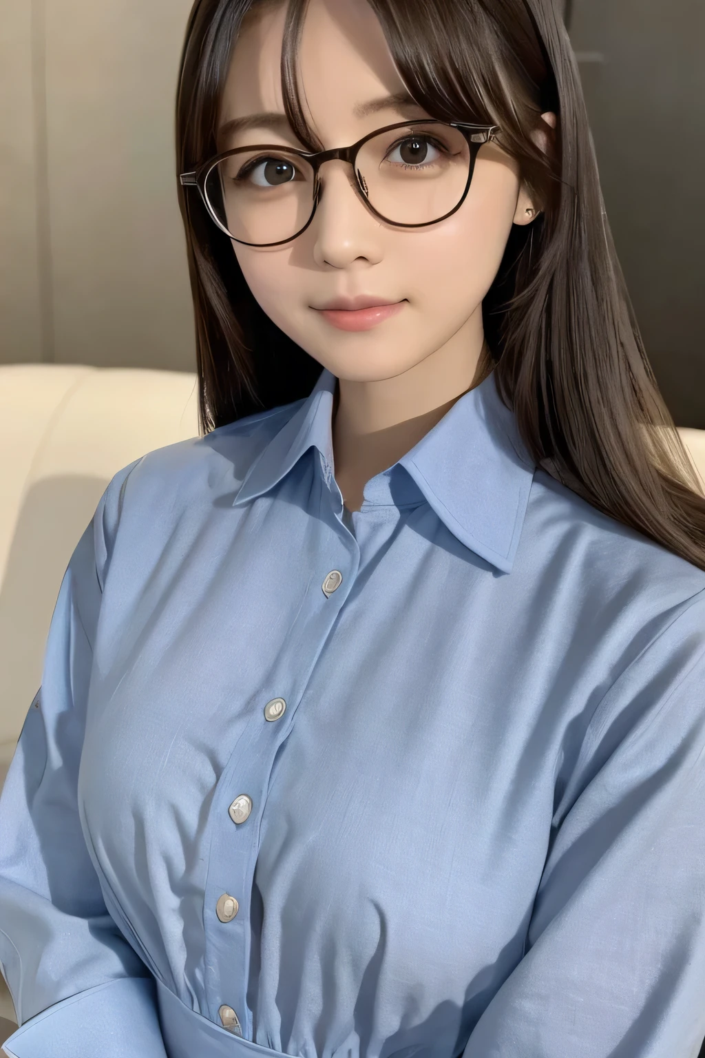 1 girl, beautiful, cute, professional lighting, highest quality,well-groomed face,(dress shirt:1.5),long hair, clear, beautiful,glasses