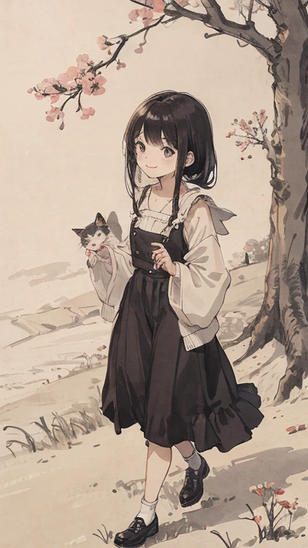 (1:1)Kitten next to a girl、field、sitting in the meadow、the sky is clear、The wind is blowing,Cherry tree,black hair,smile,Walking on the road