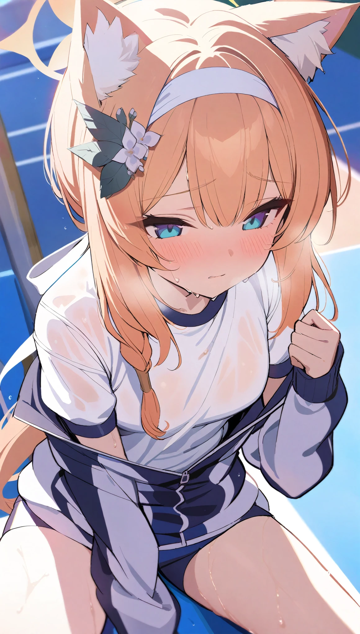 (masterpiece:1.2), hyper detail, best quality, (intricate_details:1.1), beautiful detailed, colourful, beautiful hair, colorful eyes, solo, mari, halo, 1girl, blue eyes, orange hair, hair ornament, cat ears, low ponytail, ponytail, gym uniform, white gym shirt, white headband, open jacket, off shoulder,backlighting,heavy breathing,blush,wet clothes reveal skin,body focus,flipped hair,hot,by the playground,thigh, sitting