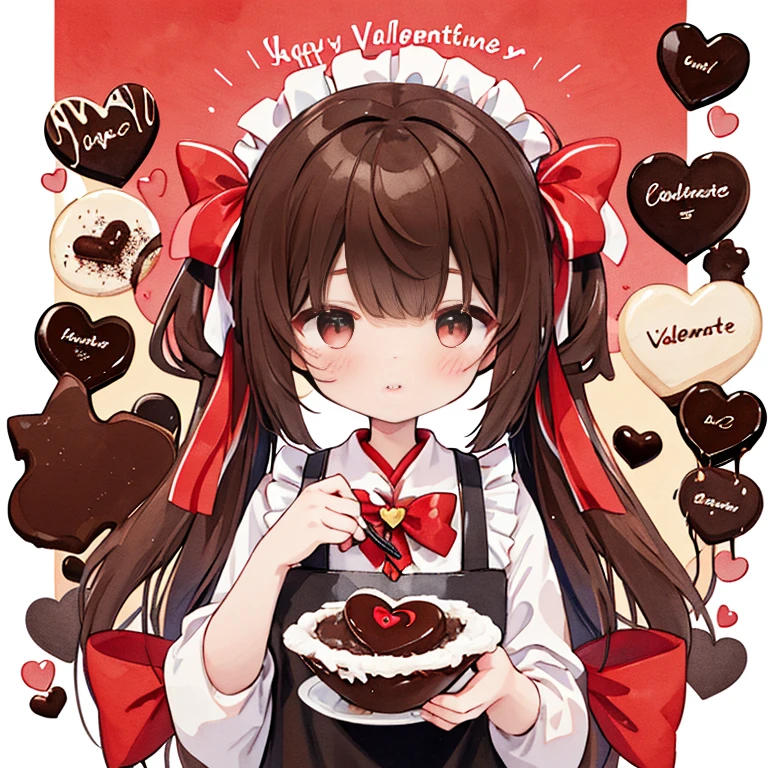 transparent watercolor、girl、jewel eyes、beautiful arrangements and motifs、written boundary depth、anime art、8K、be familiar with、Valentine、Plenty of chocolate、Stylish decorative illustration、Limited palette、Chocolate around the illustration、Handmade chocolates、red ribbon、brown hair、twin tails、red ribbonで髪を結ぶ、apron、brown and red images、可likeい、red eyes、Chocolate on the face、Holding a spatula、hold a bowl、Chocolate making、Valentineチョコレート、赤いheart、heart、Sparkling、like、love love、kitchen、Upper body、whole body、可likeいapron
