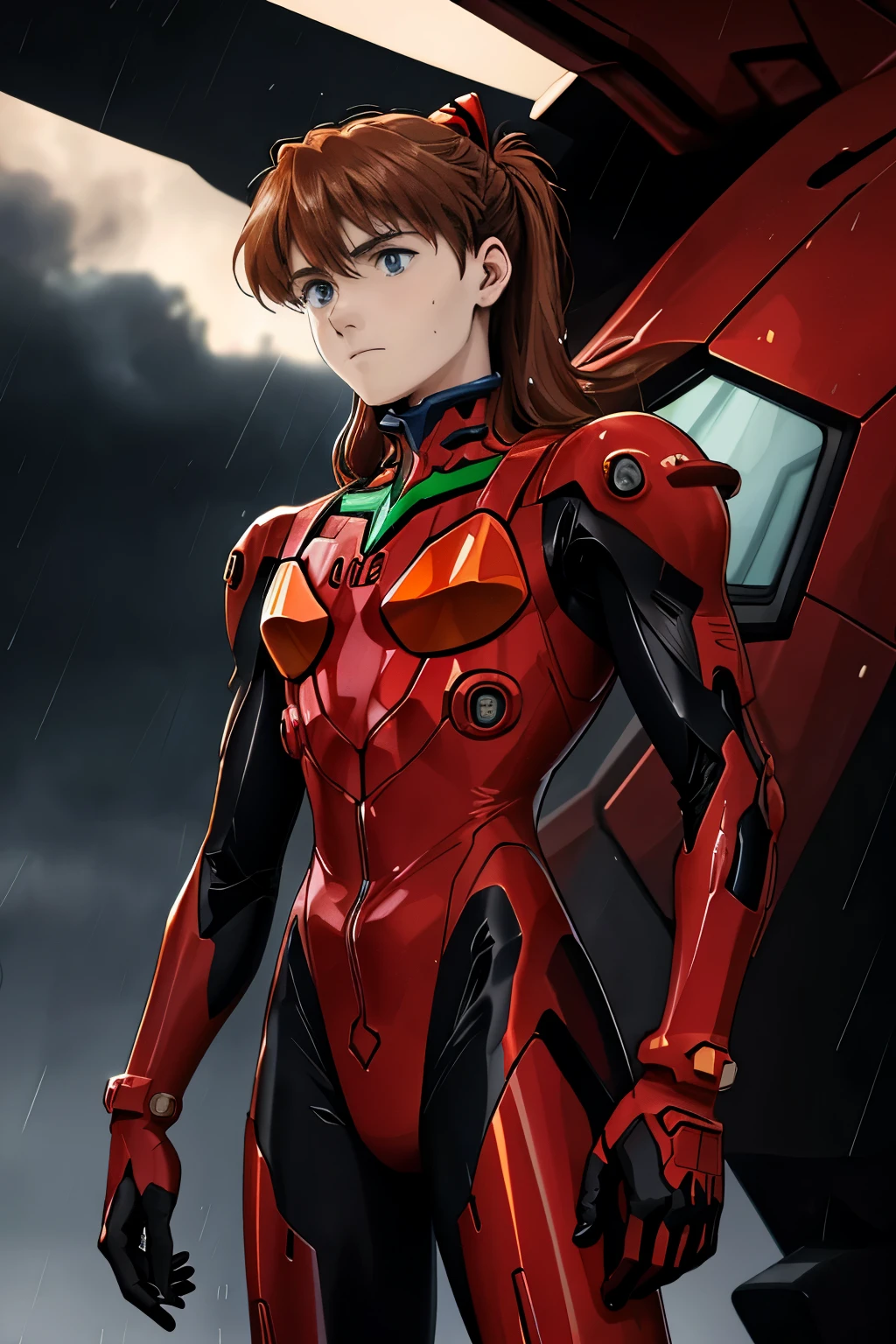 Eva Unit-01, majestic and imposing, stood before a backdrop of shimmering rain. The colossal mecha's intricate design glinted in the dim light, its red and black armor forming an intriguing contrast against the sodden earth. The gentle rain trickled down its metallic surface, creating ripples in the puddles at its feet. With a soft hum, its blue eyes flickered to life, scanning the surroundings with unwavering focus. Eva's pilot, Shinji Ikari, could be seen inside the cockpit, his expression hidden behind the visor. He took a deep breath, the weight of responsibility heavy on his shoulders as he prepared