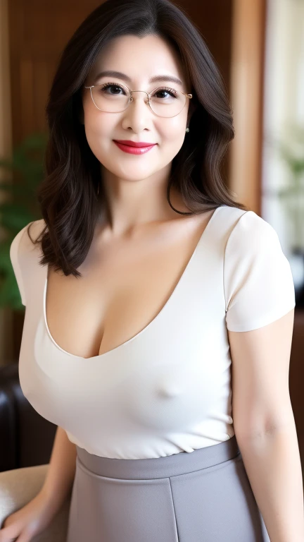 ((photograph))、((real photo))、mature adult woman、High resolution、((highest quality,8k,masterpiece))、((Full body shot 0.85)) facial portrait, gentle smile、 ((pale lipstick)), sensual, ((Very big breasts 2.3))Medium Hair, black hair, tied her hair in a bun, formal wear, ((white blouse)), gray tight skirt, Glasses, chubby woman,living room at home、