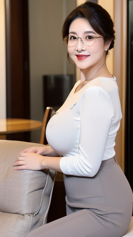 ((photograph))、((real photo))、mature adult woman、High resolution、((highest quality,8k,masterpiece))、((Full body shot 0.85)) facial portrait, gentle smile、 ((pale lipstick)), sensual, ((Very big breasts 2.3))Medium Hair, black hair, tied her hair in a bun, formal wear, ((white blouse)), gray tight skirt, Glasses, chubby woman,living room at home、