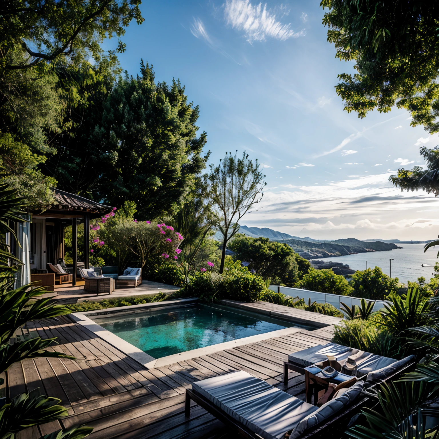 Tropical House、Greece、I can see the river、big house、villa、There is a balcony、Nature、beautiful、There is a chair on the balcony、mansion、Ocean View、A white-themed house、Big garden、overgrown with plants、There is a river in the garden、There is a hot spring、open-air bath