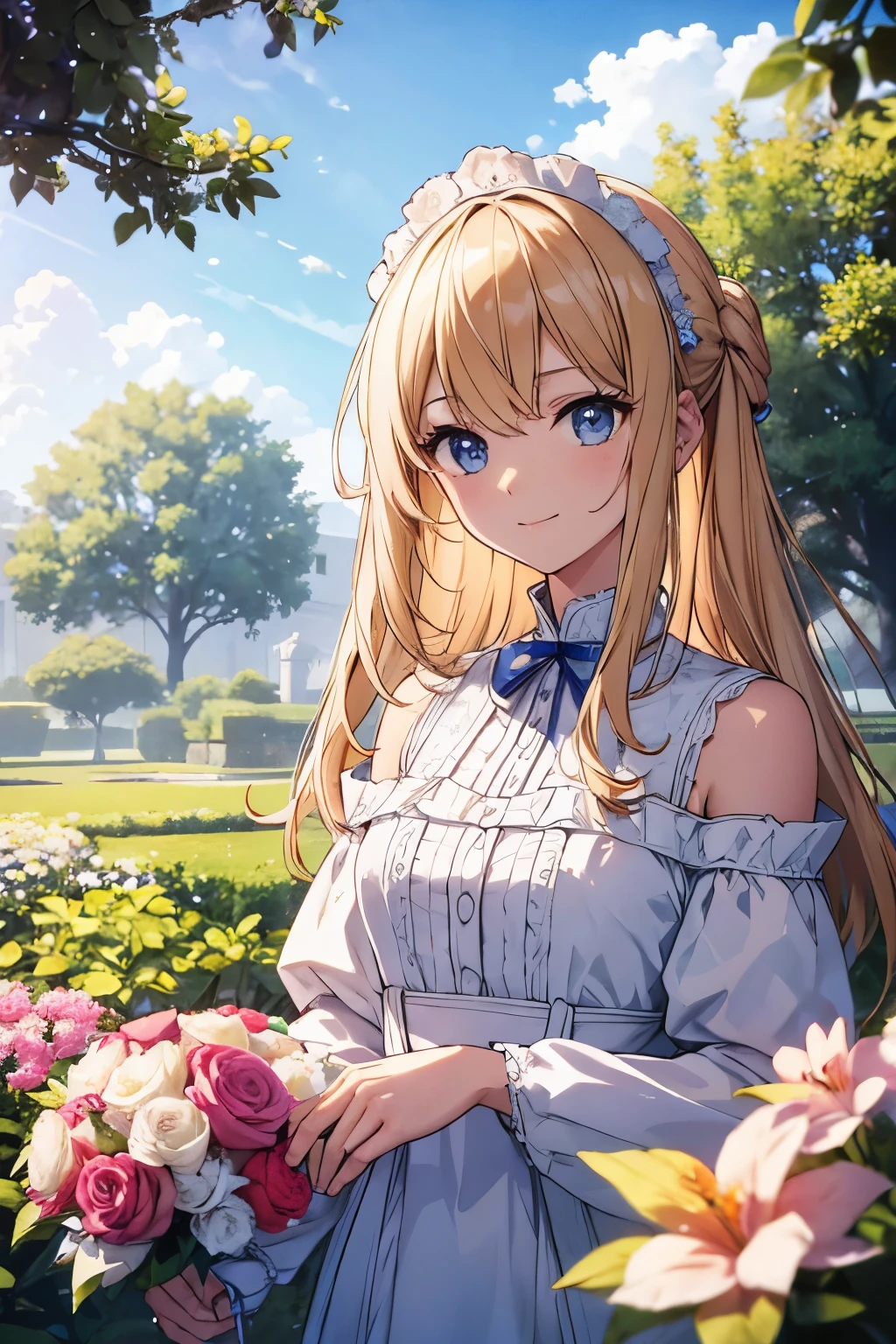 (master piece、highest quality、enlightenment、very high quality、High level image quality、very sensitive writing)Blonde girl standing in a beautiful garden、slight smile、she has a big bouquet、Cute national costume style dress,There are frills on the shoulders、hair blowing in the wind