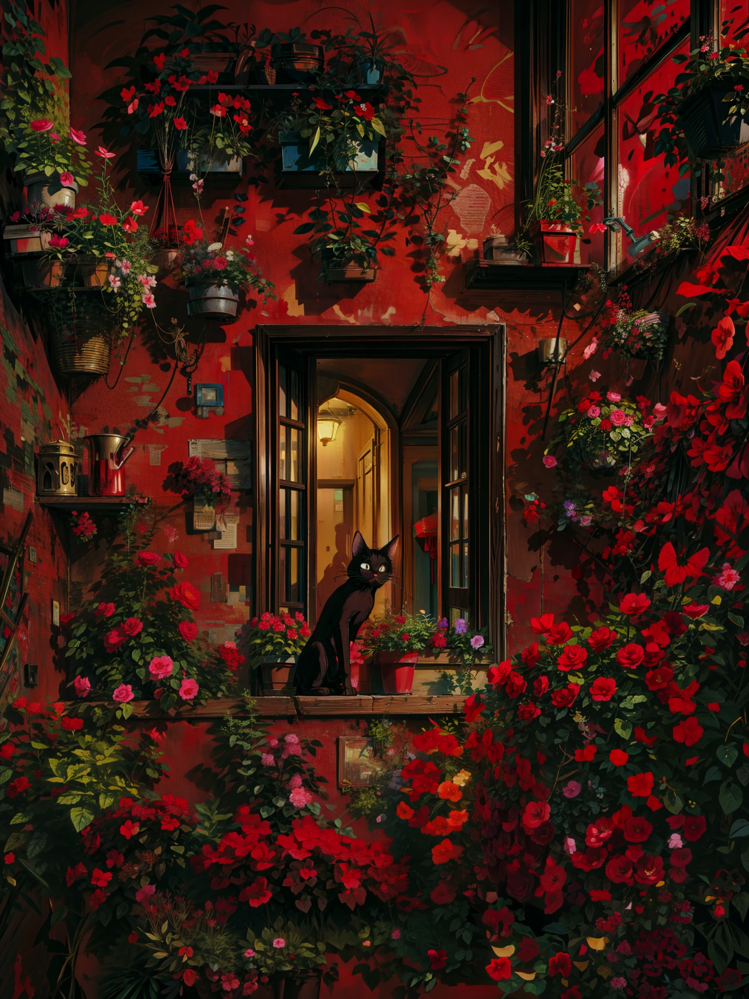 a cat sitting in a window surrounded by red flowers, red wallpaper background, red wallpaper design, photo of a beautiful window, red wall, black and red background, roses background, the window, deep red background, open window ib background, open window at night, in a red dream world, by Igor Zenin, window with flower box, cozy wallpaper,  4k hd,, beautiful art uhd 4 k, a beautiful artwork illustration, beautiful digital painting, highly detailed digital painting, beautiful digital artwork, detailed painting 4 k, very detailed digital painting, rich picturesque colors, gorgeous digital painting